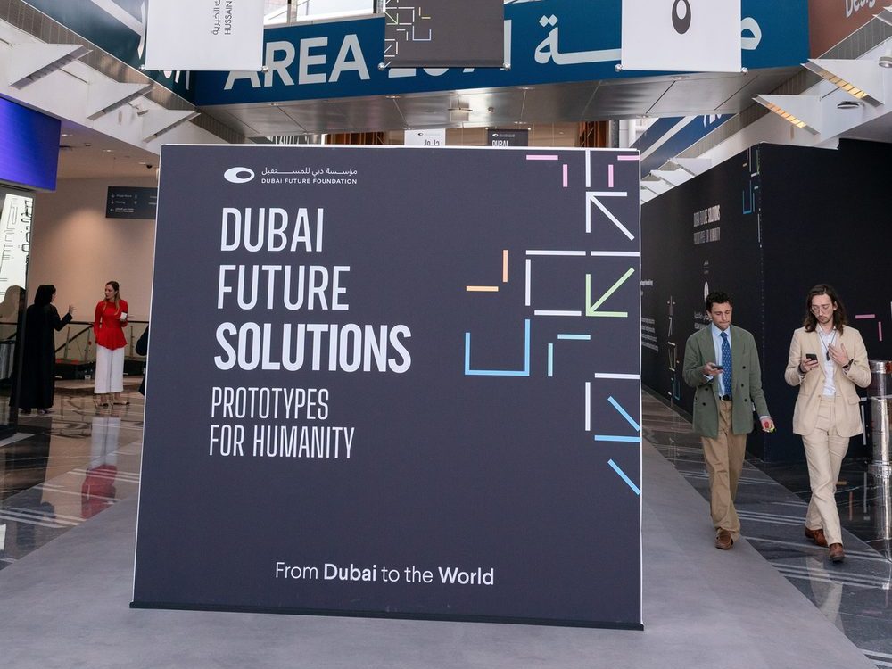 The Dubai Future Solutions: Prototypes for Humanity signage at the 2025 exhibition in Dubai